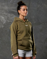 Right side view of green hoodie showing kangaroo pocket and tonal drawstrings.