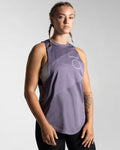 Right side view of Women’s Dominance Cut Sleeve in purple, showcasing wrinkle-resistant, lightweight fabric for gym wear.