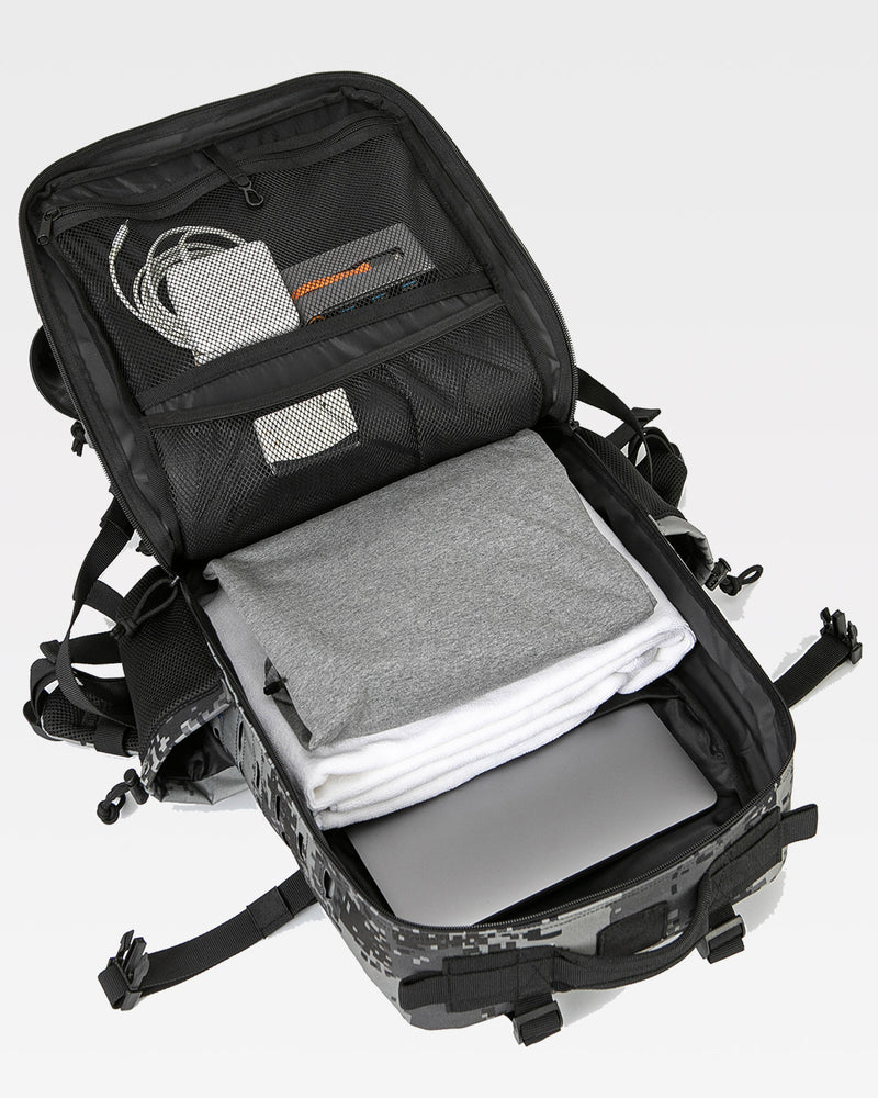 45L tactical backpack with black digital pattern.