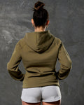 Back view of full-length women’s hoodie in pine needle green.