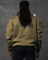 Back view of men’s crewneck sweater in green, highlighting a relaxed fit and durable cotton-polyester fabric blend.