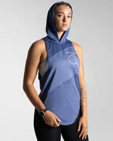 Right side view of Women’s Dominance Sleeveless Hoodie in blue, featuring a lightweight hood and breathable performance fabric.