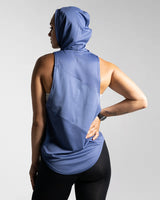 Back view of Women’s Dominance Sleeveless Hoodie in blue, featuring a lightweight hood and breathable performance fabric.