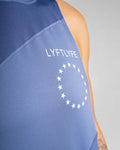 Detailed shot of Lyftlyfe branding on Women’s gym hoodie in blue, designed with antibacterial and sweat-wicking fabric.