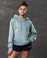 Full outfit view with slate color  LYFTLYFE hoodie and black training shorts.