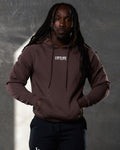 Men's LYFTLYFE hoodie in brown with centered white logo and drawstrings.