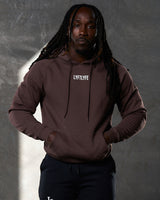 Men's LYFTLYFE hoodie in brown with centered white logo and drawstrings.
