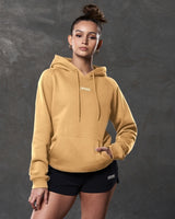 Front view of fitted fleece hoodie in yellow with a white LYFTLYFE logo.