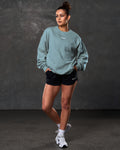 Women’s ultra-soft light blue crewneck sweater with lightweight fleece fabric, ribbed details, and a white Lyftlyfe logo.
