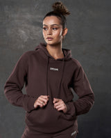 Branded LYFTLYFE logo detail on soft fleece brown hoodie for women.