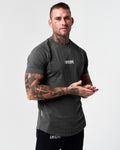 Right side angle of the dark grey Contour Men’s T-Shirt, featuring a soft, stretchable cotton blend and a sleek, athletic fit.