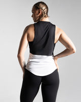 Back view of Women's two-panel sleeveless shirt, black and white, featuring wide arm openings, anti-odor technology, and a Lyftlyfe logo on the left chest.