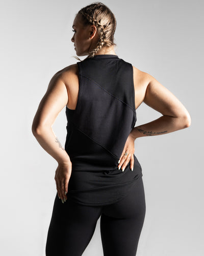 Women’s sleeveless tank top with black three performance panels, and Lyftlyfe logo with circle star on the left chest.