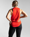 Back view of women’s three-panel sleeveless tank top in red with jersey mesh panels and anti-odor sweat-wicking fabric.