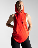 Women’s hooded tank top in red, featuring breathable tri-blend fabric and anti-odor properties.