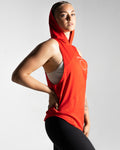 Right side view of women’s sleeveless hooded tank top in red with sweat-wicking tri-blend fabric.