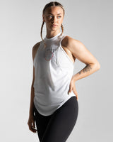 Right side view of Women’s sleeveless shirt featuring three panels in white, sweat-wicking fabric, and Lyftlyfe logo with a circle star on the chest.