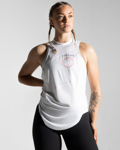 Women’s sleeveless shirt featuring three white panels, sweat-wicking fabric, and Lyftlyfe logo with a circle star on the left chest.