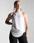 Women’s sleeveless shirt featuring three white panels, sweat-wicking fabric, and Lyftlyfe logo with a circle star on the left chest.