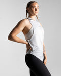 Right side view of Women’s sleeveless shirt featuring three panels in white, sweat-wicking fabric, and Lyftlyfe logo with a circle star on the chest.