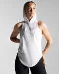 Women’s athletic sleeveless hoodie in white with lightweight stretch materials and a performance-focused fit.