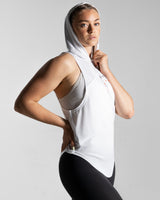Women’s athletic hooded tank top in white, side profile highlighting anti-odor stretch materials and lightweight design.