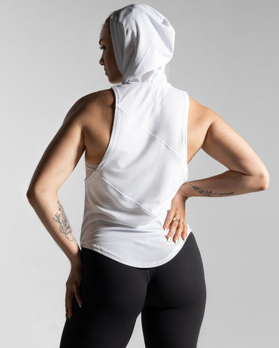 Women’s athletic sleeveless hoodie in white with lightweight stretch materials and a performance-focused fit.