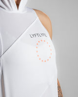 Highlight of the Lyftlyfe logo and circle star on a women's sleeveless hoodie in white. 