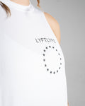 Detailed view of the Lyftlyfe logo on a white and black women's sleeveless shirt. 