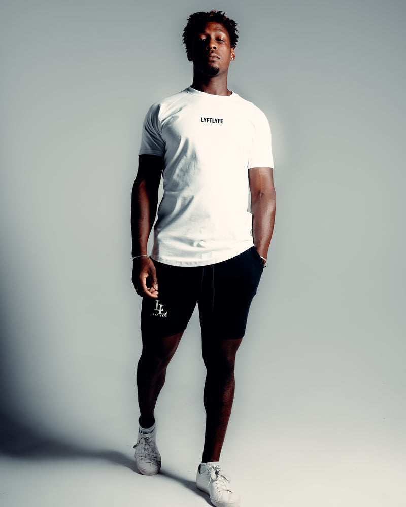 Men's shorts in black with LL lyftlyfe white logo.