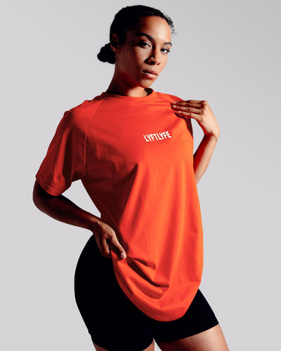 LYFTLYFE contour t-shirt in cherry red with white logo on light grey. 