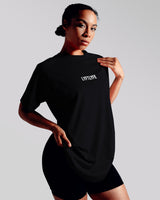 Women’s oversized Contour T-shirt in black, featuring a relaxed fit, moisture-wicking cotton blend, and a 3D rubberized Lyftlyfe logo.
