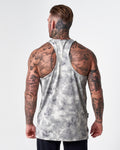 Racerback cut of LYFTLYFE men’s stringer in grey sponge print, designed for mobility.