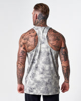 Racerback cut of LYFTLYFE men’s stringer in grey sponge print, designed for mobility.