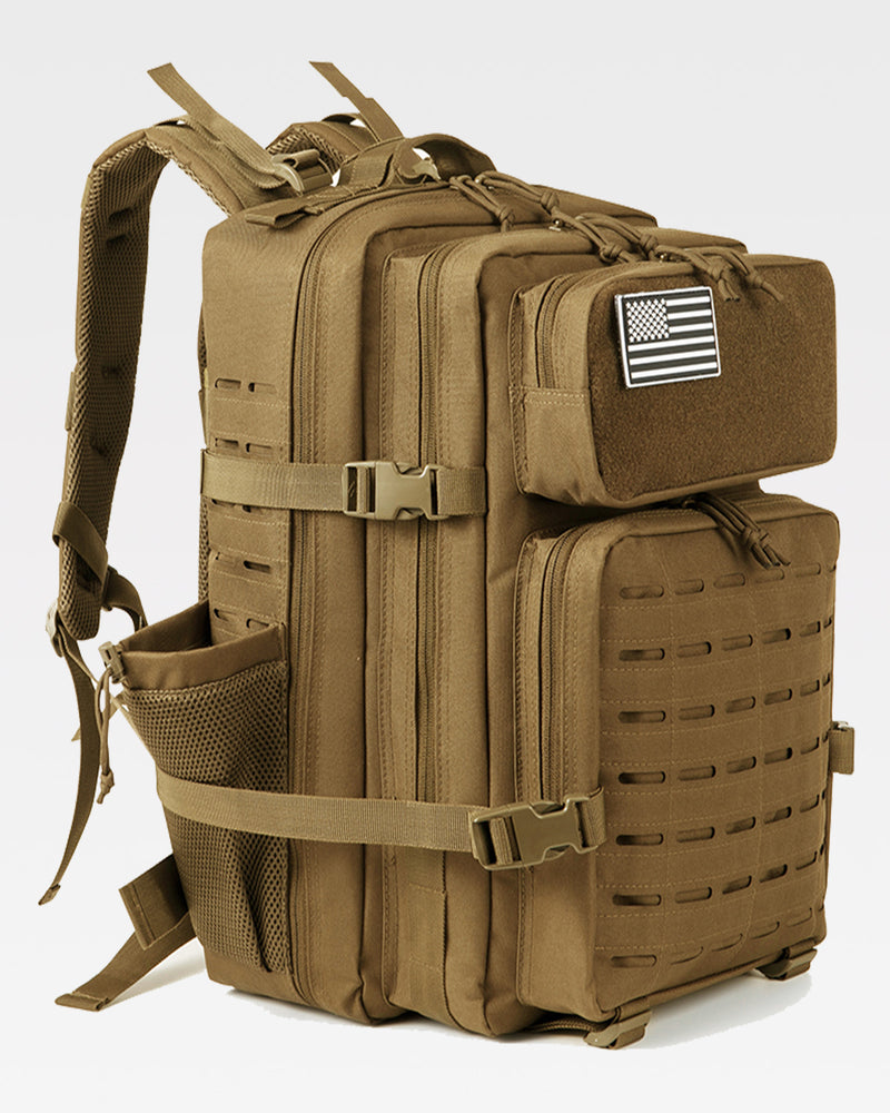 45L Tactical Backpack in khaki with 2 side pockets