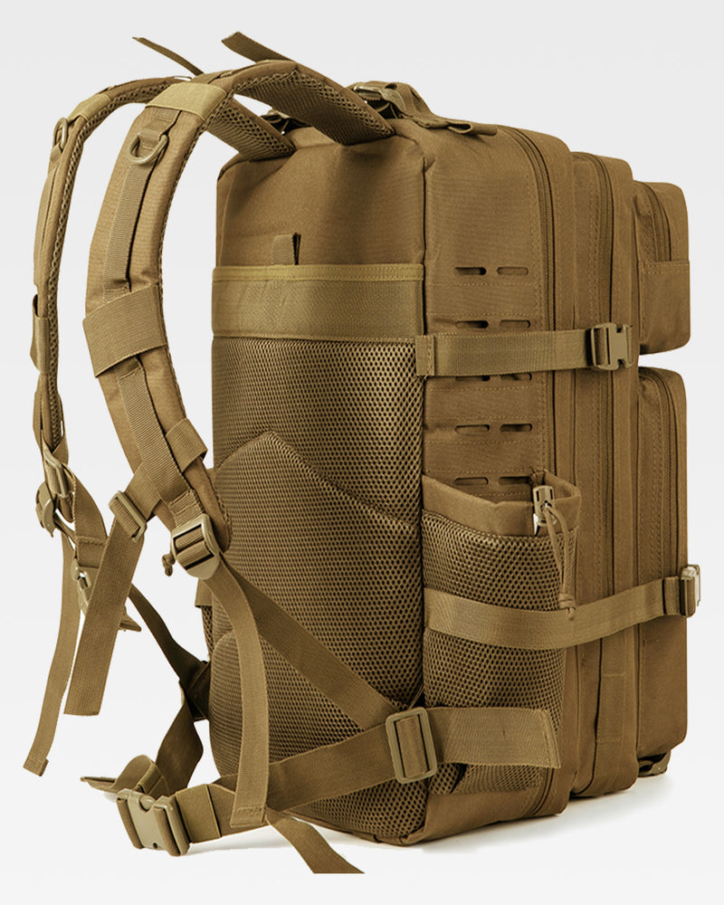 45L Tactical Backpack in khaki with 2 side pockets