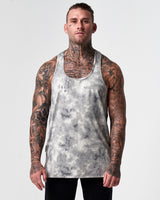 Front view of grey men's gym stringer with LYFTLYFE logo on chest.