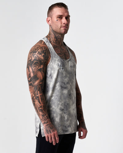 Mens tank top in an all over white and charcoal print.