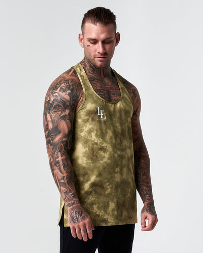 Mens tank top with all over sponge print in green and white.