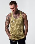 Model wearing sweat-wicking green gym stringer tank front view.