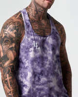 Close-up of rubberized LL chest logo on purple haze gym stringer.