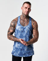 Front view of blue gym stringer with LYFTLYFE logo on chest.