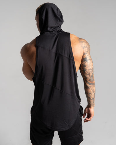 Men's sleeveless hoodie cut into three panels. Black on black is the colorway. 