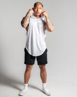 Men’s sleeveless hooded tank top in white with wide arm openings and a long, loose-fitting scoop design.