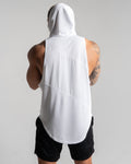 Back of men’s sleeveless hooded tank top in white, featuring wrinkle-resistant material and loose-fitting design.