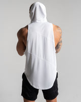 Back of men’s sleeveless hooded tank top in white, featuring wrinkle-resistant material and loose-fitting design.
