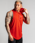 Men's sleeveless hoodie in a 3 panel design in a red colorway.