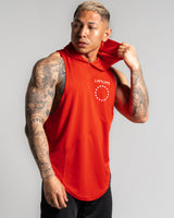 Men's sleeveless hoodie in a 3 panel design in a red colorway.