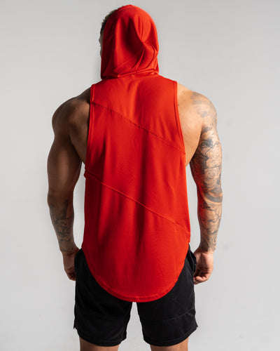 Men's sleeveless hoodie in a 3 panel design in a red colorway.