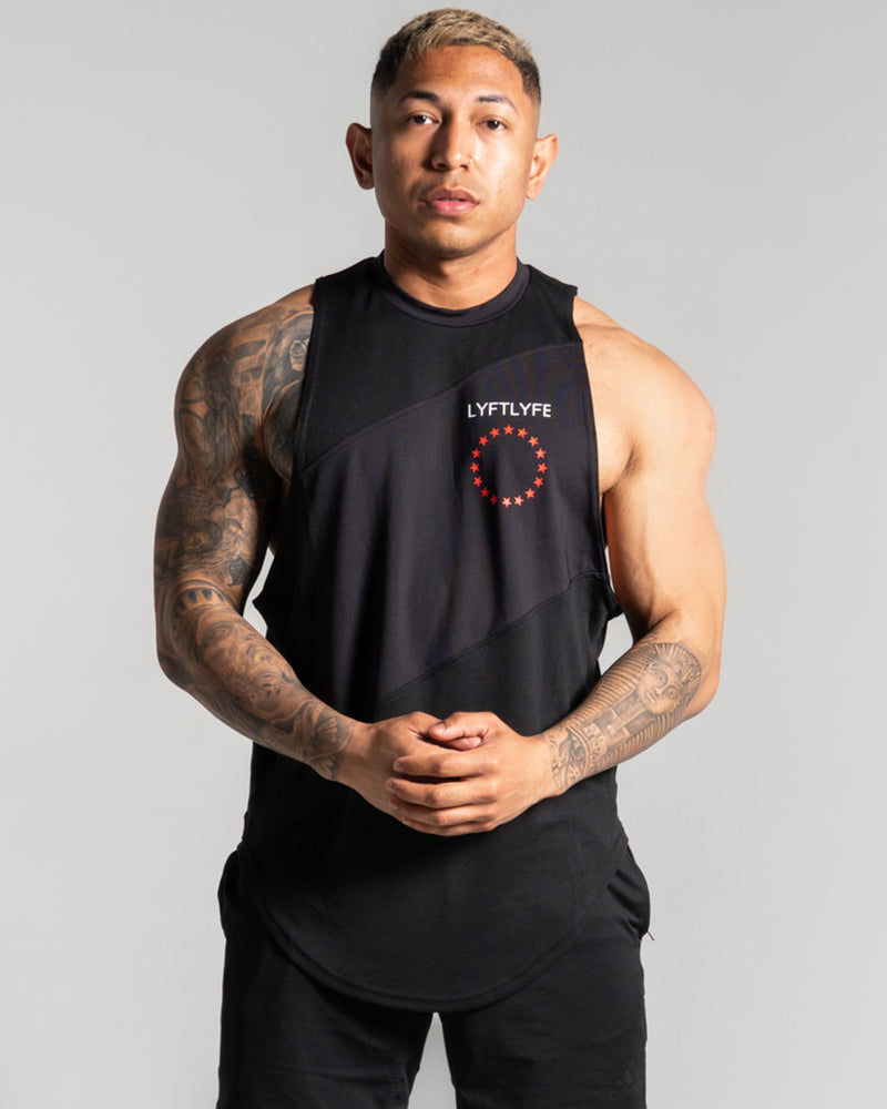 Men's sleeveless tank top in Black with a red logo on the left chest. 